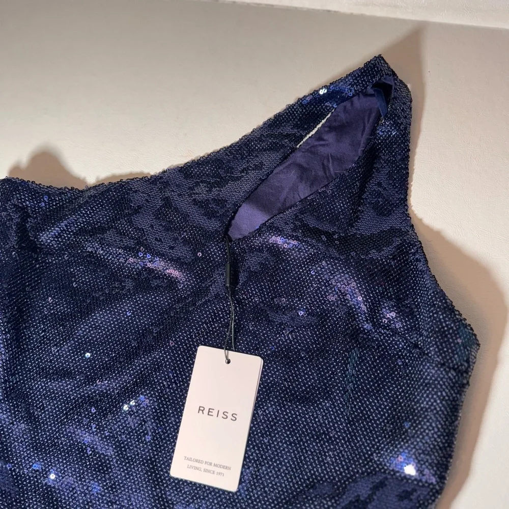 Reiss Navy Scarlette One Shoulder Sequin Bodysuit style summer party casual